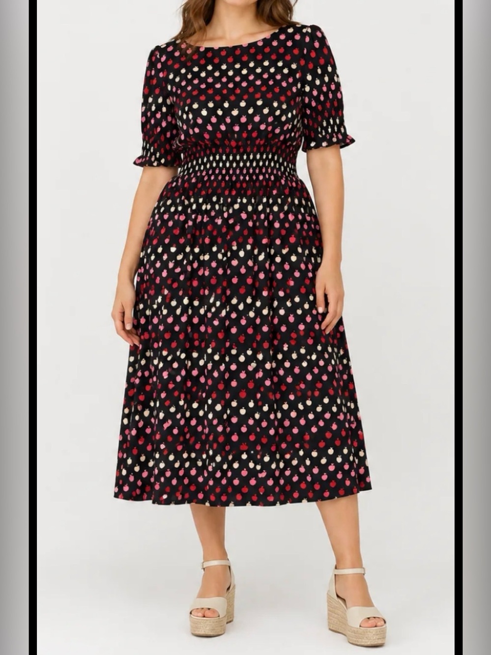 Kate Spade Black Midi Dress with Pink & Cream Apple Motif Perfect Teacher Dress